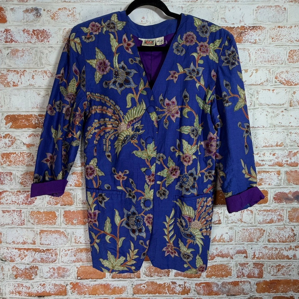 Java Wraps Blazer Women Small Blue Vtg Excellent Batik Floral Bird Cotton Jacket